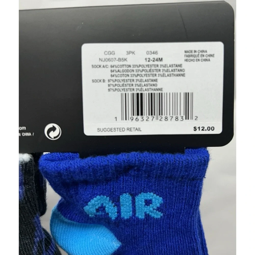 Nike Air Jordan Infant 12-24months Blue (3 Pack) Non Slip Socks (C1)